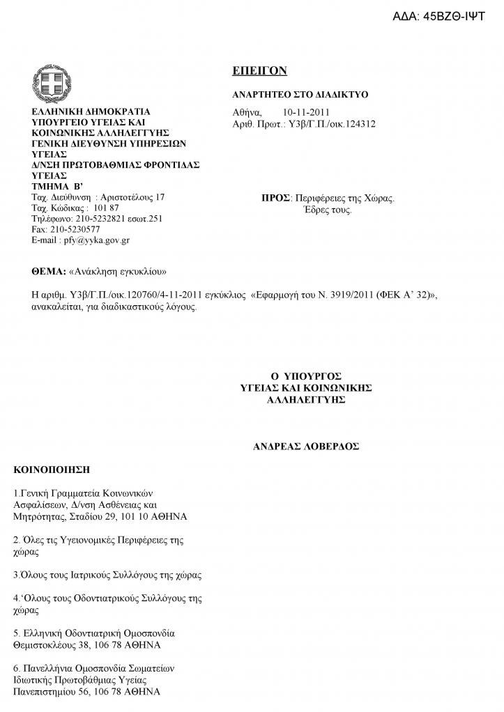 Ανακοίνωση ΙΣΑ για την Ανάκληση της Εγκυκλίου του ΥΥΚΑ